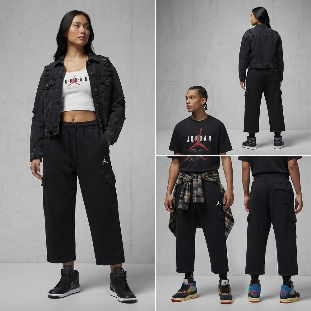 Jordan Flight Fleece Cargo Pants Unisex XL Black Wide Leg Cropped FB7012-010